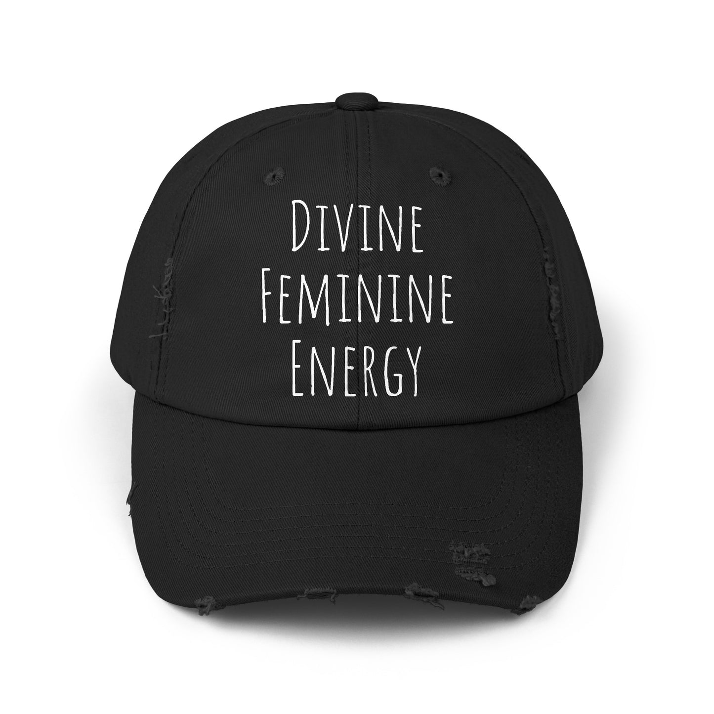 Unisex Distressed Cap Divine Feminine Energy White Lettering