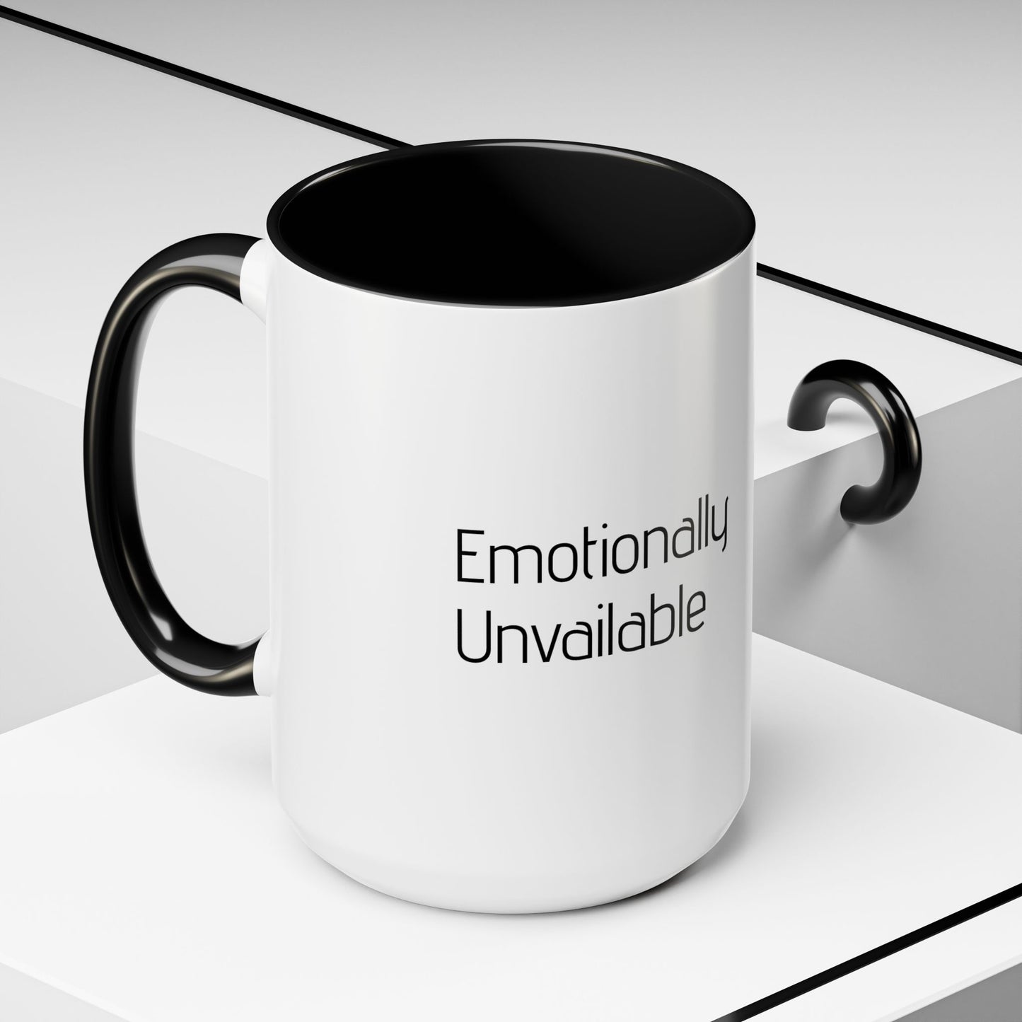 Emotionally Unavailable Accent Coffee Mug — Funny Sarcastic Black-Handle Ceramic Mug (11/15 oz)