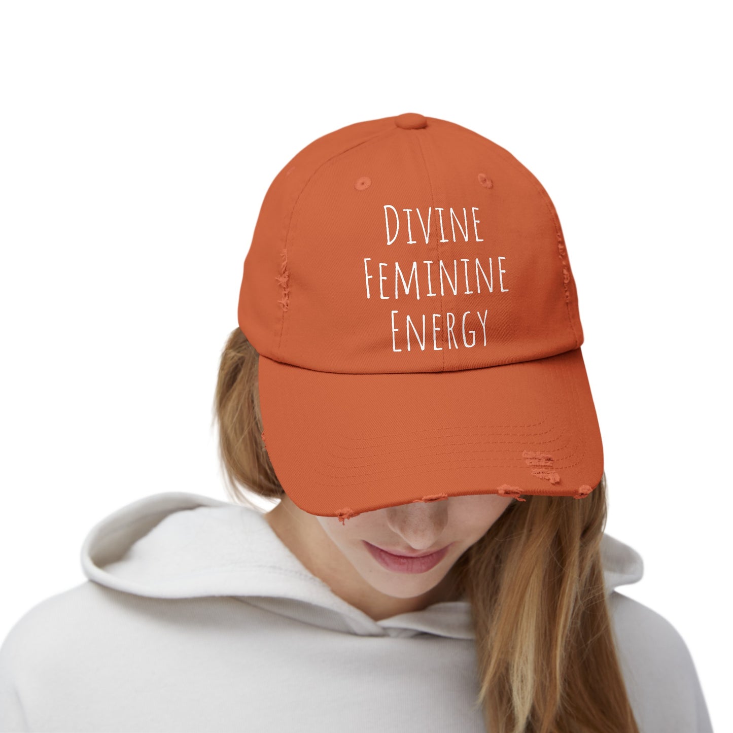 Unisex Distressed Cap Divine Feminine Energy White Lettering