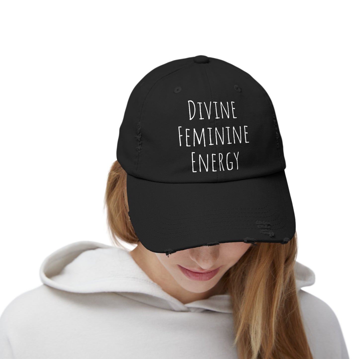 Unisex Distressed Cap Divine Feminine Energy White Lettering