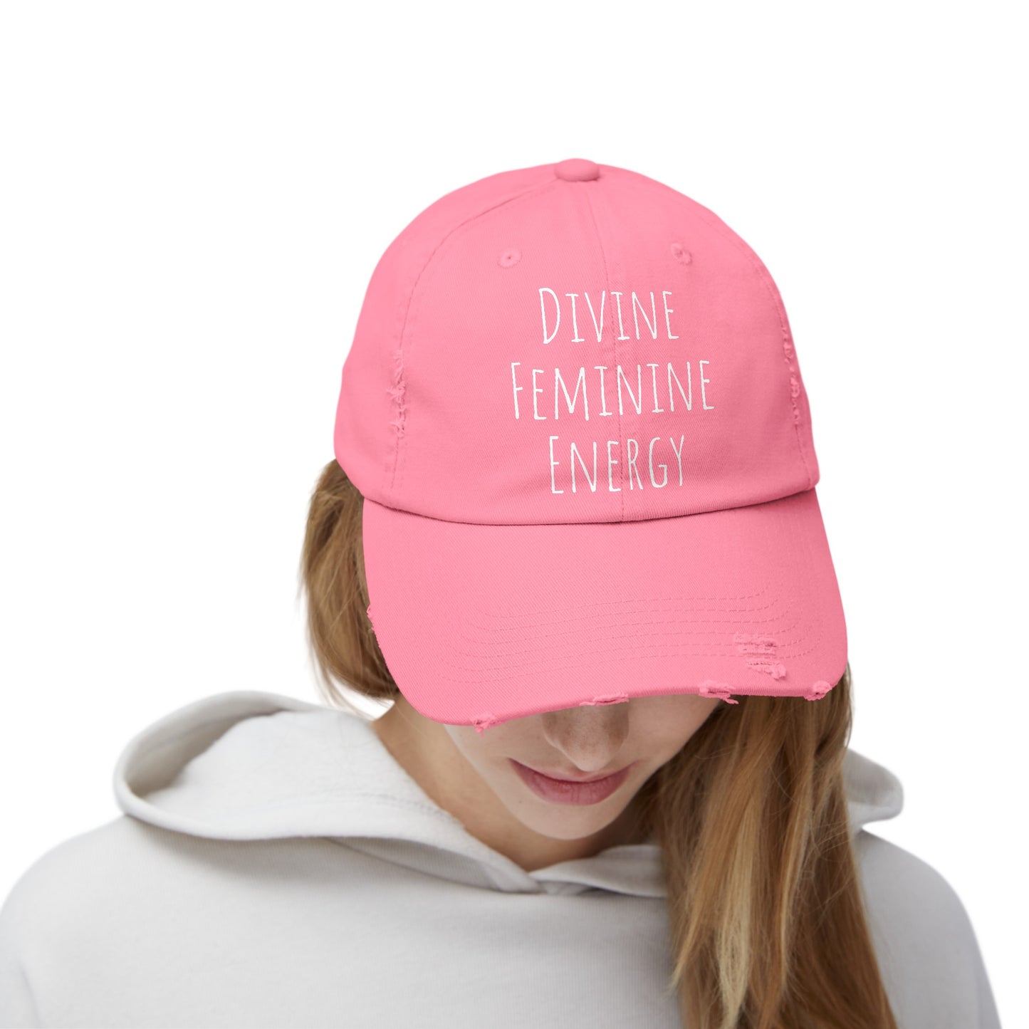 Unisex Distressed Cap Divine Feminine Energy White Lettering