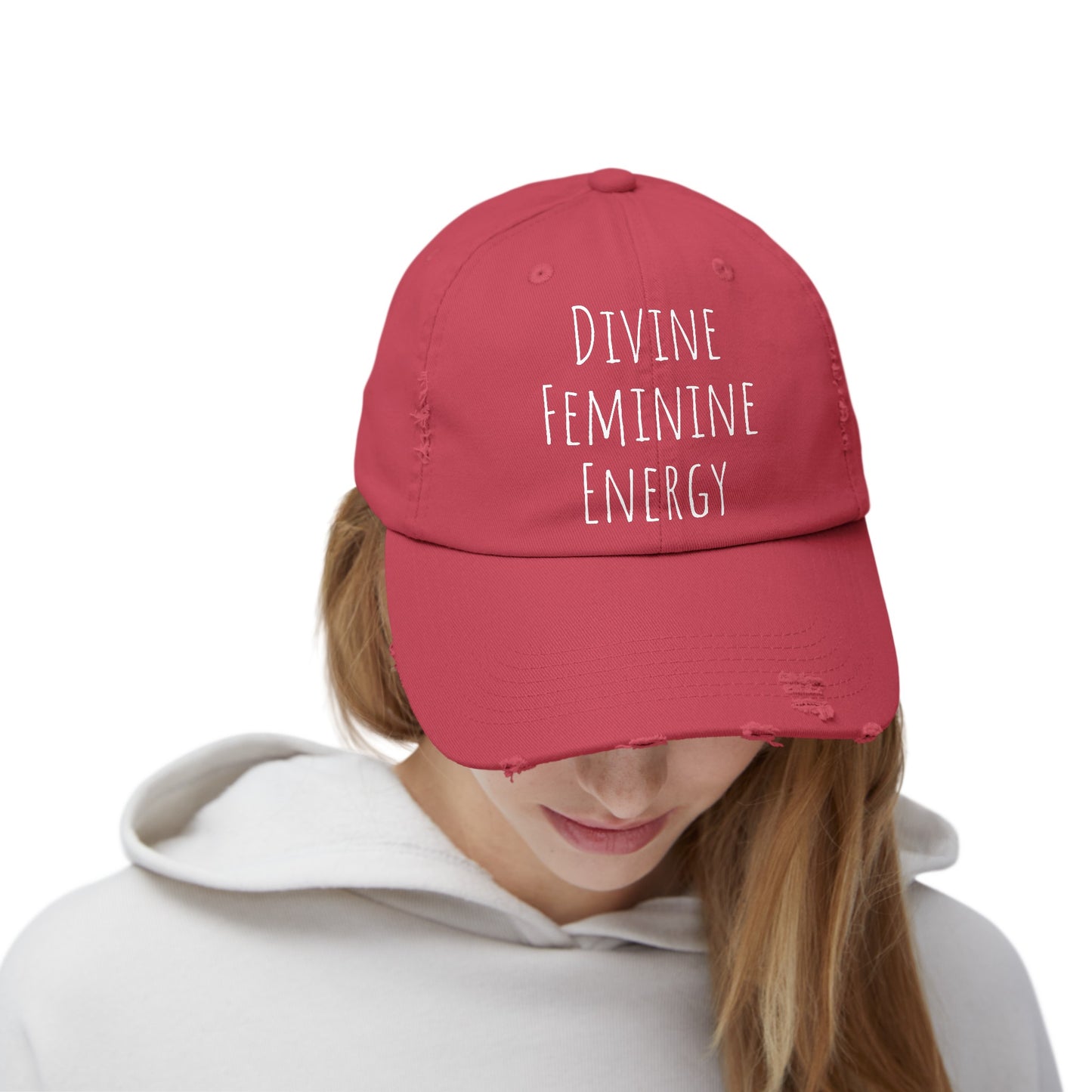 Unisex Distressed Cap Divine Feminine Energy White Lettering