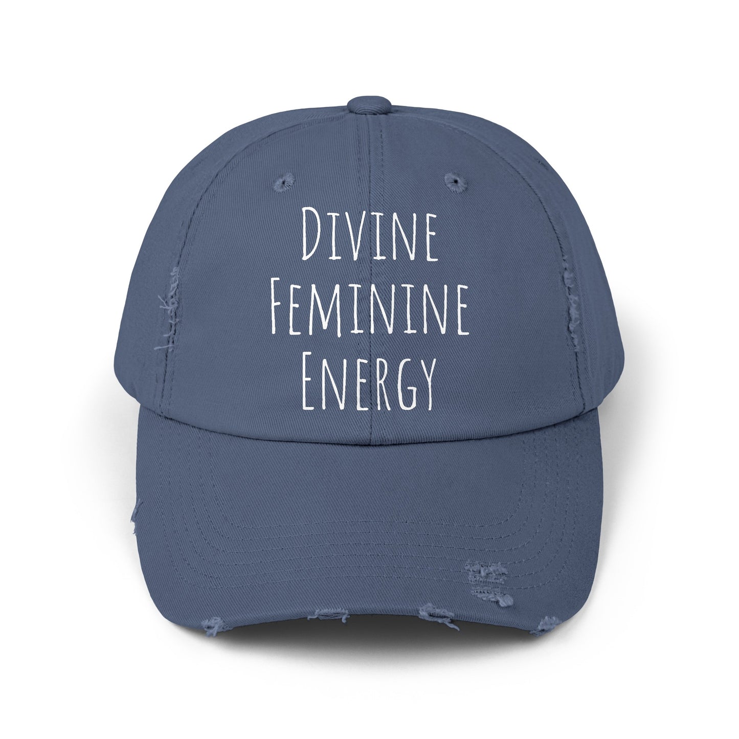 Unisex Distressed Cap Divine Feminine Energy White Lettering