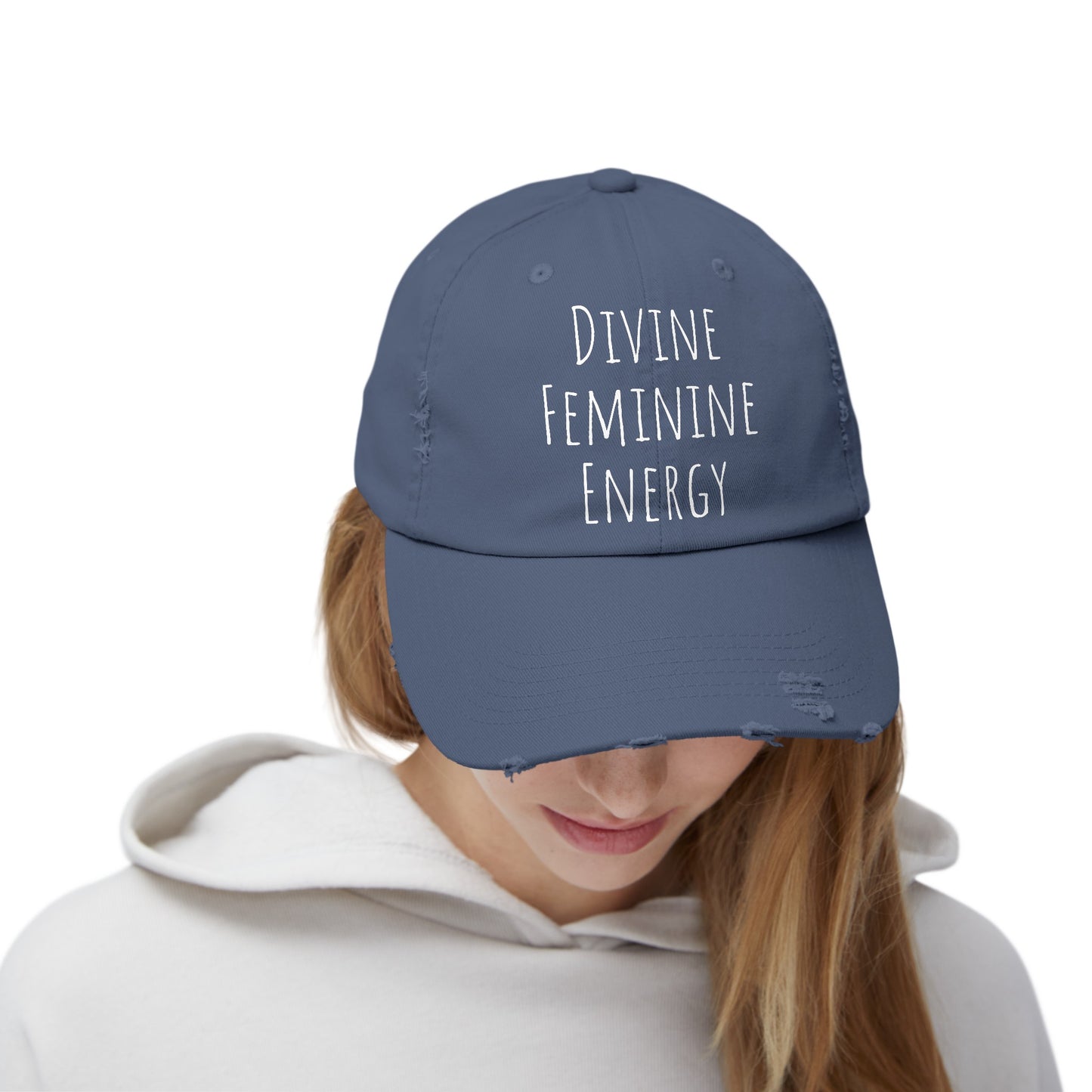 Unisex Distressed Cap Divine Feminine Energy White Lettering